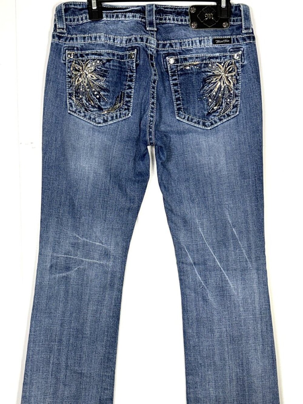 Miss Me Floral Distressed Rhinestone Sequin Bootcut Low Rise Denim Jean 30 32x34